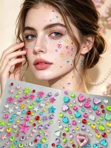 1pc Colorful Star & Heart Mixed Rhinestone Face Decorative Stickers, Multi-Color Star & Heart Round Rhinestone 2 Styles Optional, Self-Adhesive Glue-Free Eye & Cheek Embellishment, Music Festival Party Comic Convention Y2K Sweet Cool Vibe Makeup Decoration Stickers - Multicolor - View 1