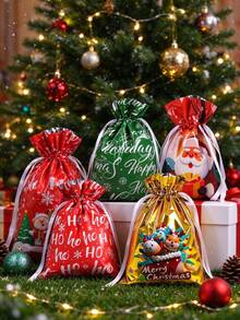 1 Set 32x24 Reusable Christmas Gift Bags With Foil Drawstring, Holiday Design, Suitable For Party Favors, Gifts And Decoration, Durable Plastic Material - Multicolor - View 11