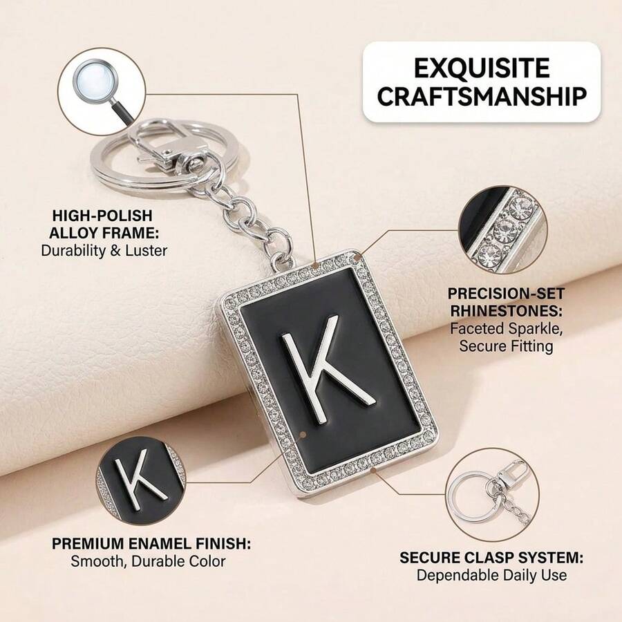 26 Letters Rhinestone Keychain, Black Enamel Rectangular Badge With Rhinestones, Personalized Letter Key Ring, Suitable For Car Keys, Backpack Charms And Party Gifts, Holiday Gifts, Christmas Gifts - Multicolor - View 1