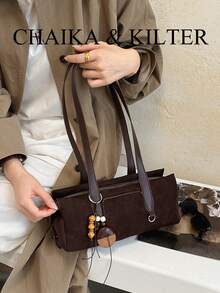 1pc Minimalist Fashion Suede Fabric Shoulder Bag Suitable For Commuting, Shopping, Etc. (With Pendant) - Coffee - View 8