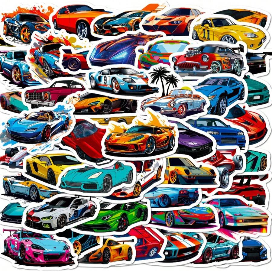 50pcs/Set Stiker Mobil Balap Keren, Stiker Mobil Sport Warna-warni untuk Laptop, Skateboard, Botol Minum, Dekorasi DIY 200pcs/Set - MultiWarna - View 1