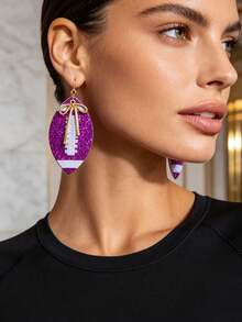 1 Pair Sporty Sequin Print Football & Bow Knot Layered Women's Earrings - Brown - View 11