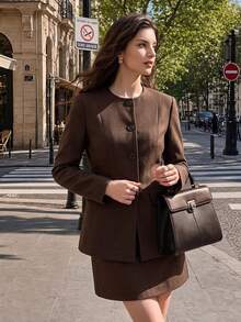 Women's Elegant Solid Color Fashion Minimalist Slim Fit Flattering Old Money Style Blazer, Suitable For Daily Wear, Dating, Commuting, Business Events, Airport - Coffee Brown - View 1