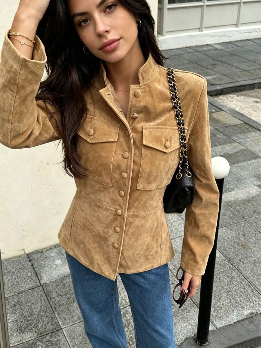 DEEKA Jaket Wanita Gaya Eropa dan Amerika Terbaru Musim Gugur/Dingin, Minimalis, Serbaguna, Lengan Panjang, Kerah Tegak - Khaki - View 1