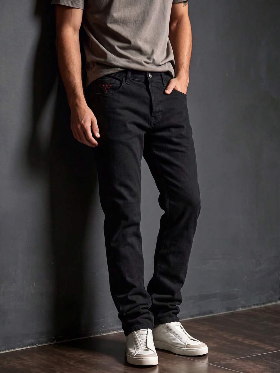 Men's Washed Light Blue Straight Jeans, Men's Loose Jeans, Retro Y2K Style, Simple And Versatile - Black - View 1