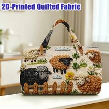1pc Cream Color Quilted Round Handbag With Sheep Fence Sunflower Clover Pattern Farm Style Gift Thanksgiving Farm Decor - Multicolor - View 4