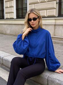 Mellowy Autumn New Women's European & American Style Fashion Minimalist Versatile Tech Fabric Button Jacket - Blue - View 3
