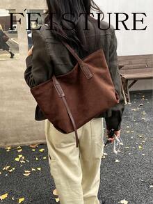 FEISTURE 1 buah Tas Tote Bahu Komuter Vintage Kapasitas Besar, Penutup Resleting, Cocok Untuk Jalan-jalan Sehari-hari, Kencan, dan Perjalanan - Kopi - View 3