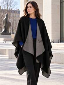 1pc Women's Solid Color Polyester Warm And Versatile Elegant Casual Shawl, For Daily Use For Dress - Black - View 4