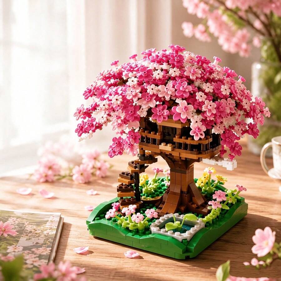 2000PCS Cute Cherry Blossom Tree House Mini Building Blocks Set, Miniature Cherry Blossom Bonsai Plant Desktop Decoration, DIY Handmade Small Particle Interlocking Toy, Creative Architecture Gift For Girls 14+ Room Decor - Multicolor - View 1