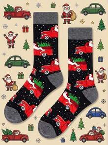 1 Pair Of Christmas Holiday Crew Sock,Santa Red Truck Christmas Tree Snowflake Pattern,Warm Soft Breathable Fall Winter Wear,Gift For Men Women - Multicolor - View 1