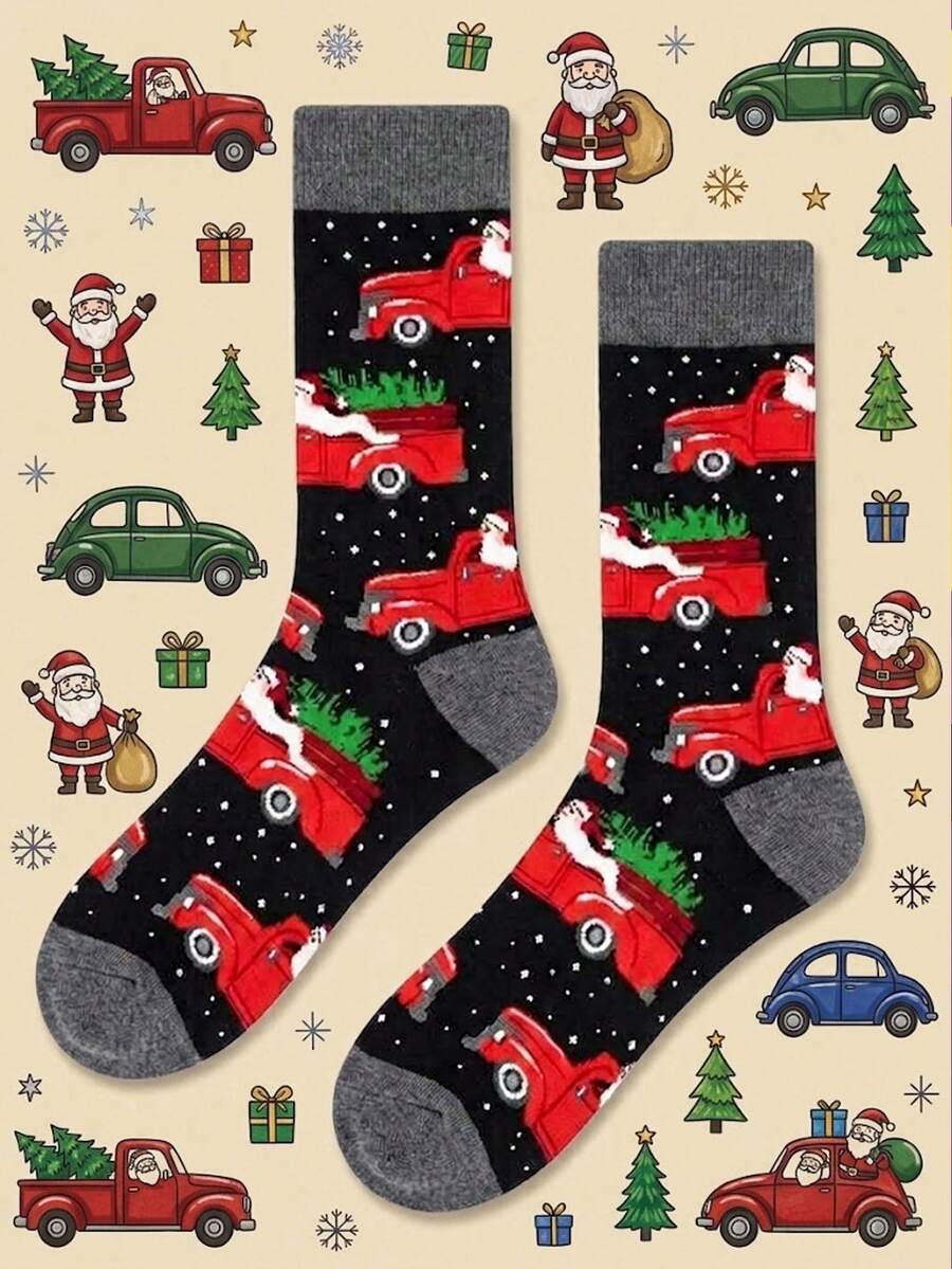 1 Pair Of Christmas Holiday Crew Sock,Santa Red Truck Christmas Tree Snowflake Pattern,Warm Soft Breathable Fall Winter Wear,Gift For Men Women - Multicolor - View 1