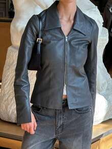 GLAMSKIN Fall Winter Women Faux Leather Collared Jacket,Full Zip Slim Fit Cropped Coat,Long Sleeve Flare Cuff With Pockets Street Outerwear - Black - View 8