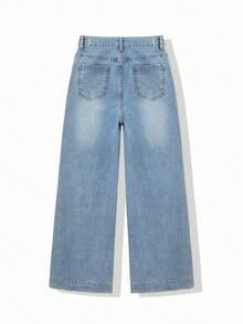 Women's Light Wash High Waist Loose Fit Stretch Denim Jeans, Wide Flared Hem & Fashion Patch Front Pockets Casual Pants - Blue - View 5