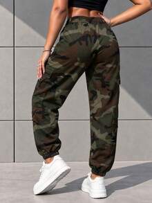 Women's Camouflage Military Style Cargo Pants, Elastic Drawstring Waist, Flap Pockets, Elastic Cuffs, Lightweight Autumn Long Pants - Army Green - View 5