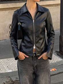GLAMSKIN Fall Winter Women Faux Leather Collared Jacket,Full Zip Slim Fit Cropped Coat,Long Sleeve Flare Cuff With Pockets Street Outerwear - Black - View 1