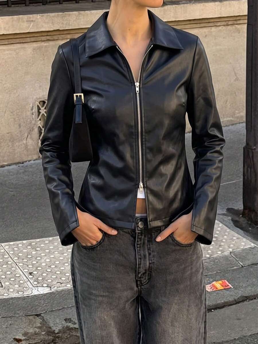 GLAMSKIN Fall Winter Women Faux Leather Collared Jacket,Full Zip Slim Fit Cropped Coat,Long Sleeve Flare Cuff With Pockets Street Outerwear - Black - View 1