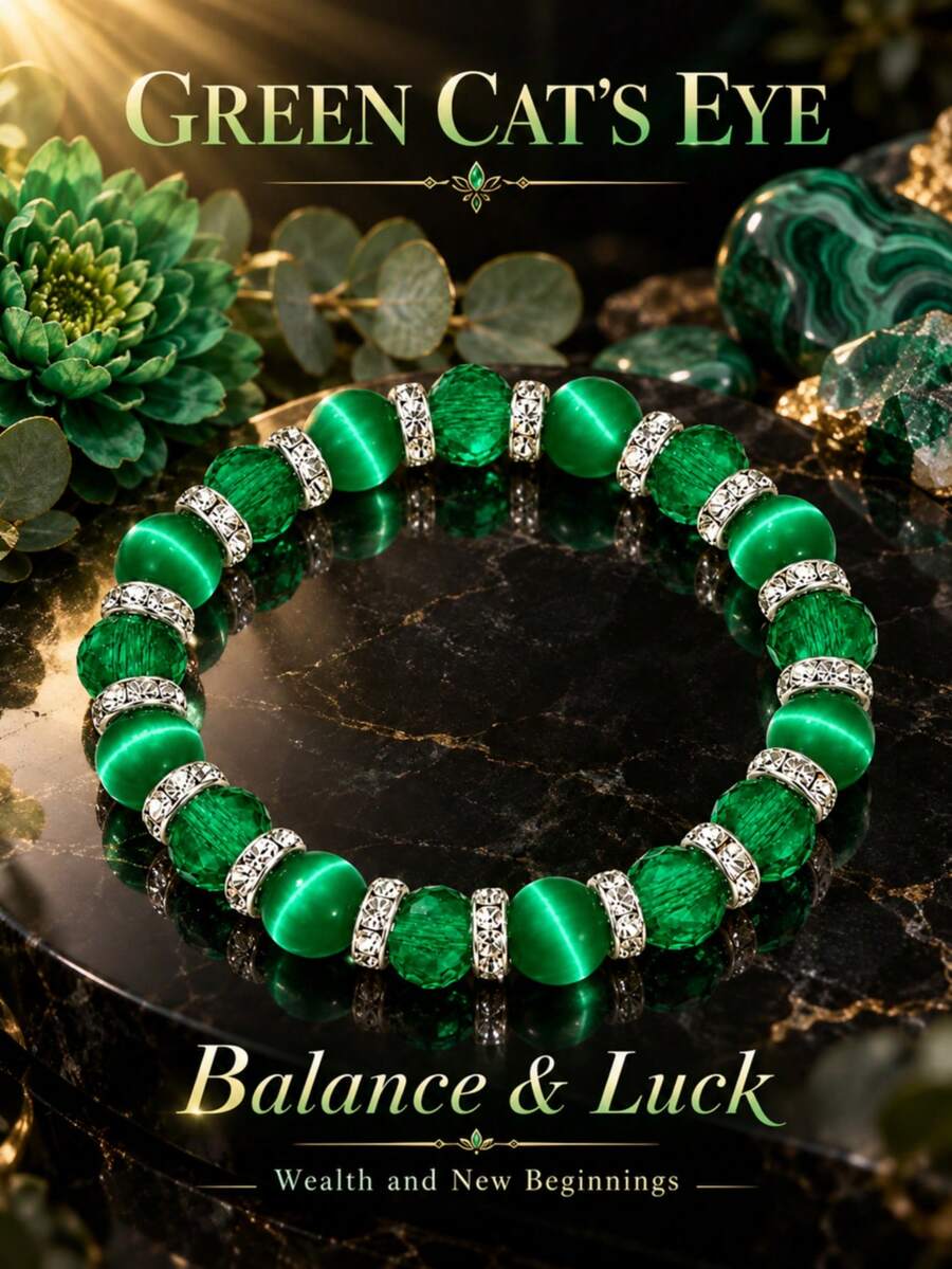 Light Luxury Emerald Cat Eye Crystal Bracelet, Vintage Floral Rhinestone Rotating Charm, Elastic Cord Bracelet, Forest Vintage Style Stackable Jewelry, Anniversary Gift For Girlfriend And Mother - Multicolor - View 1