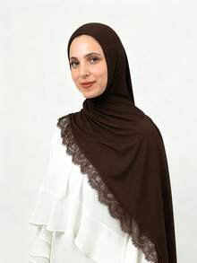 1pc Women's Elegant Lace Trim Lightweight Modal Wide Rectangular Headscarf, Classic Prayer Shawl Hijab, Comfortable Breathable Thin Modal Fabric, Premium Heavy-Duty Wide Hem Modal Hijab, Suitable For Festivals, Daily Wear And Outings - Coffee Brown - View 1