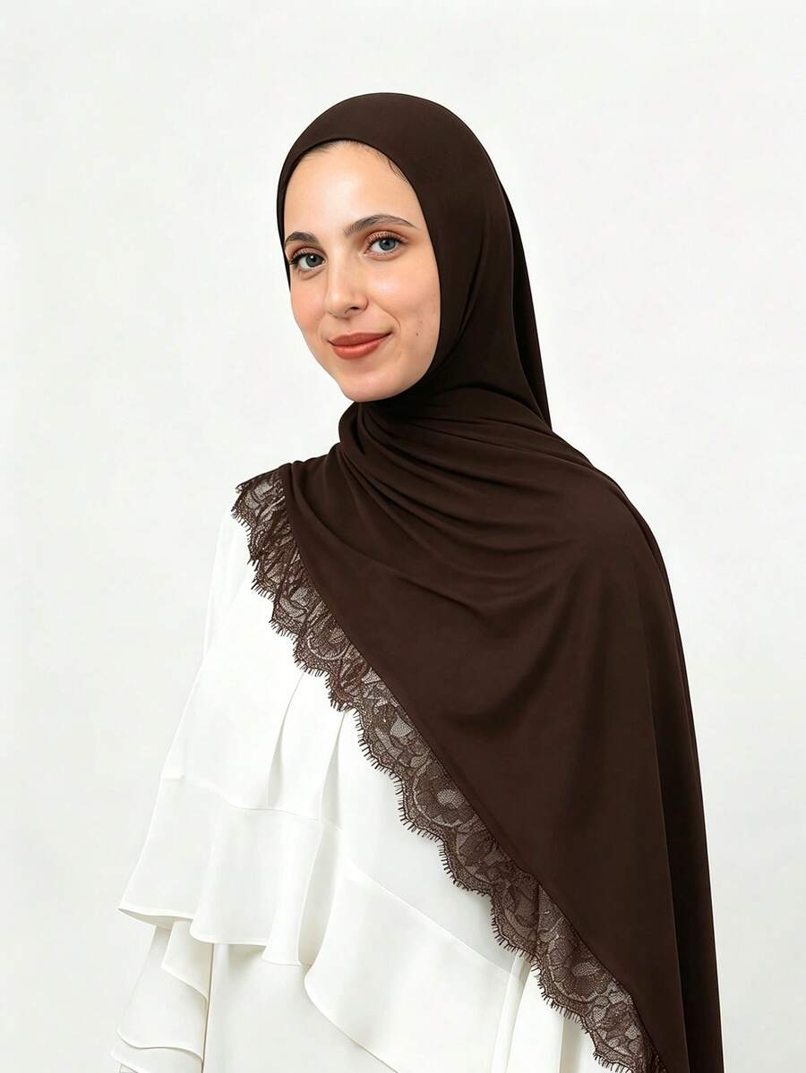 1pc Women's Elegant Lace Trim Lightweight Modal Wide Rectangular Headscarf, Classic Prayer Shawl Hijab, Comfortable Breathable Thin Modal Fabric, Premium Heavy-Duty Wide Hem Modal Hijab, Suitable For Festivals, Daily Wear And Outings - Coffee Brown - View 1