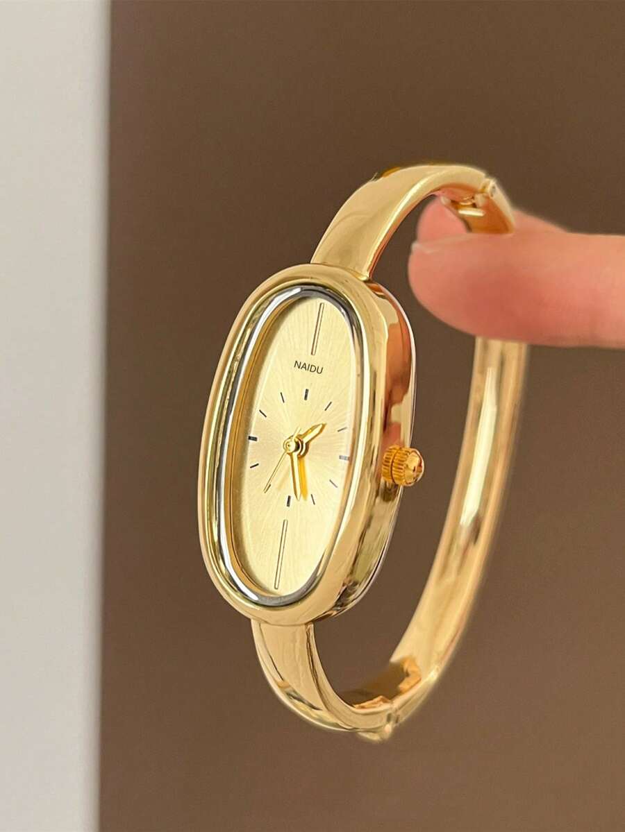 1件女款橢圓形金色石英手錶，金色錶盤配時尚刻度，適合日常穿著與派對 - 金色 - 查看 1