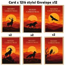 12 Greeting Cards + 12 Envelopes Vivid Sunset Wildlife Christmas 2D Card, Wild Animals In Golden Sun Merry Christmas Greeting For Friends, Winter Holiday Artistic Flat Card. - Sets - View 7