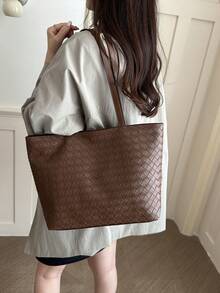 Women's Woven Texture Tote Bag, Large Capacity Shoulder Handbag, Suitable For Office Daily Use - Brown - View 2