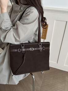 Large Capacity Solid Color Suede Tote Commuter Bag Women's Bag Autumn/Winter Matte Women's Bag With Knot Pendant - Coffee Brown - View 5