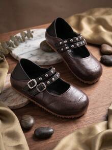 1 Pair Girls' Vintage Mary Jane Shoes, Brown Buckle Flat Shoes, Double Buckle Rivet Flat Shoes, Convertible Backless Casual Shoes For Spring And Autumn - Brown - View 1