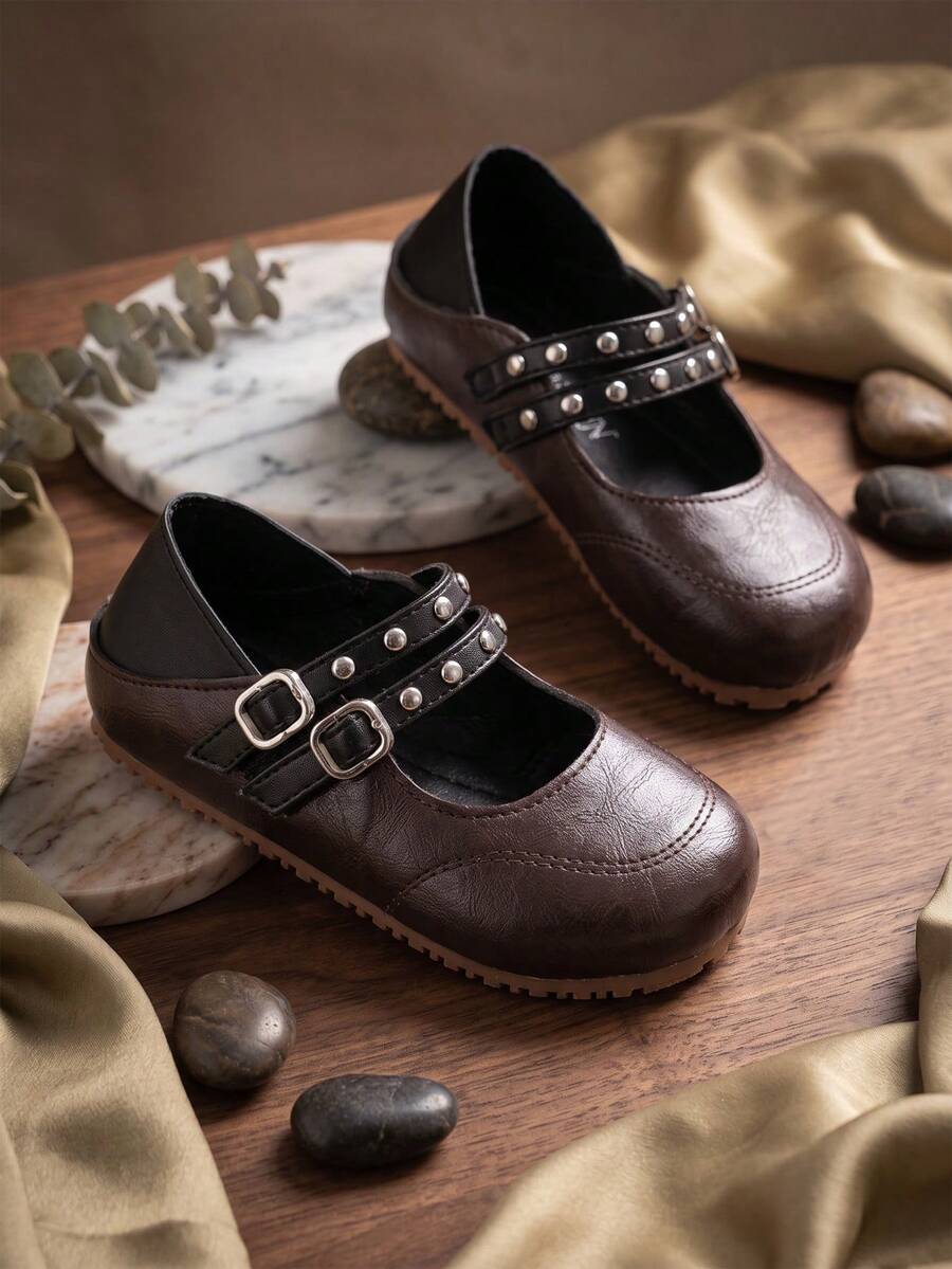1 Pair Girls' Vintage Mary Jane Shoes, Brown Buckle Flat Shoes, Double Buckle Rivet Flat Shoes, Convertible Backless Casual Shoes For Spring And Autumn - Brown - View 1