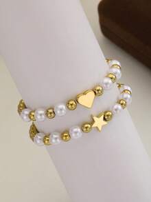 2pcs/Set Girls White Faux Pearl Beaded Bracelets Gold Tone Heart Star Charm Stackable Jewelry Kids Jewelry For Birthday Party Daily Wear Gift - Gold - View 4