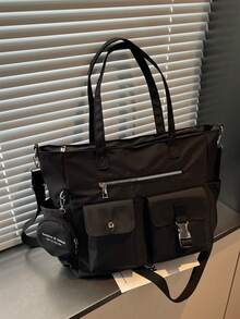 New Casual Solid-Color Nylon Shoulder Tote Bag With Coin Pouch Charm, Stylish Metal Buckle And Zipper Accents, Large Capacity, Multi-Pocket Handbag - Black - View 6