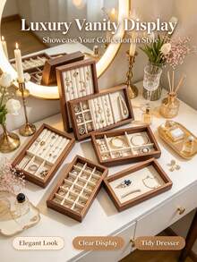 1pc Wooden Velvet Jewelry Tray, Jewelry Storage & Display Tray, Drawer-Style Earring Storage Box, Stackable Jewelry Storage Tray - Multicolor - View 4