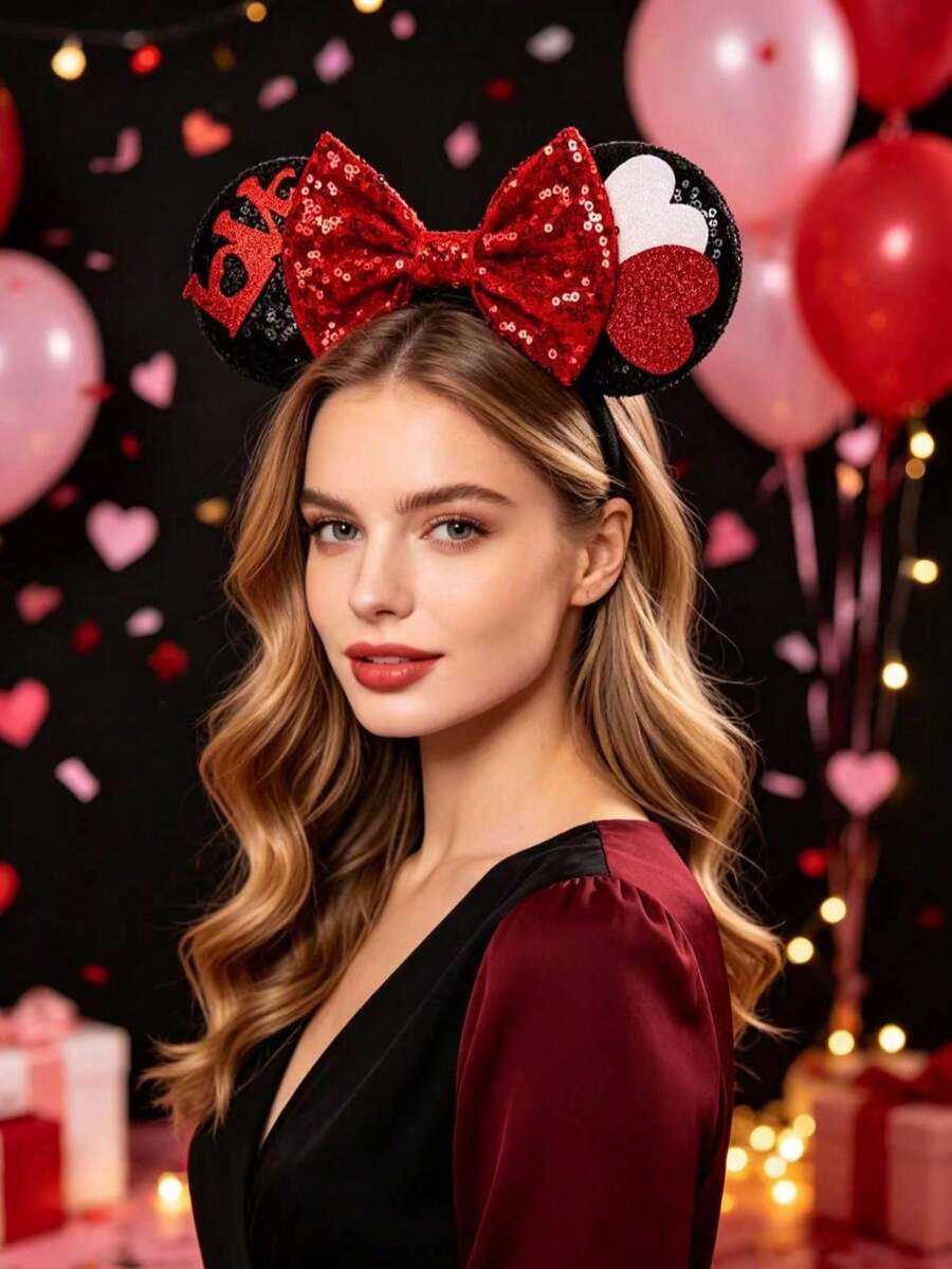 Disney1pcs Heart Mouse Ears Headband, Red Sequin Bow Cosplay Party Hair Accessory For Adults - Multicolor - View 1