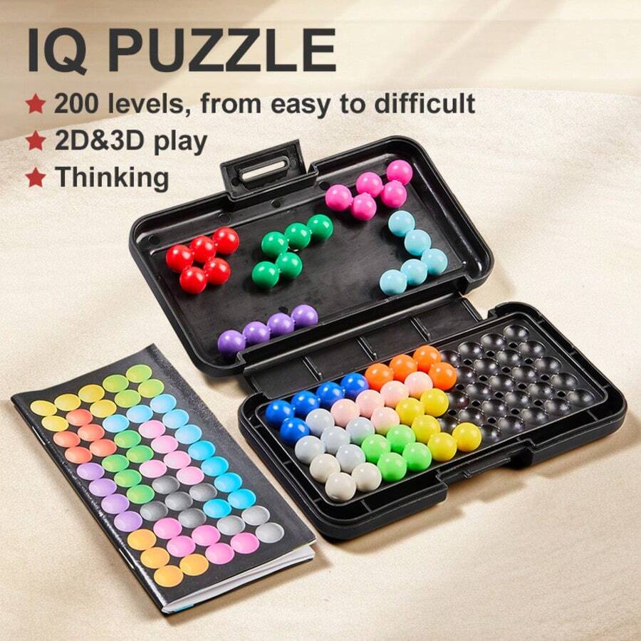1PC-IQ Puzzle Brain Teaser Game, 200 Levels 2D & 3D Logic Challenge, Portable Travel Toy With Color Beads & Cards, STEM Thinking Gift For Kids Teens Adults