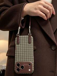 Minimalist Ins College Style Plaid Leather Lanyard Phone Case Compatible With Apple 17 Pro Max, 18 Pro, New 13, 14 Pro, 15 Pro, Full Coverage Leather Anti-Drop Soft Shell For Women - Green - View 1