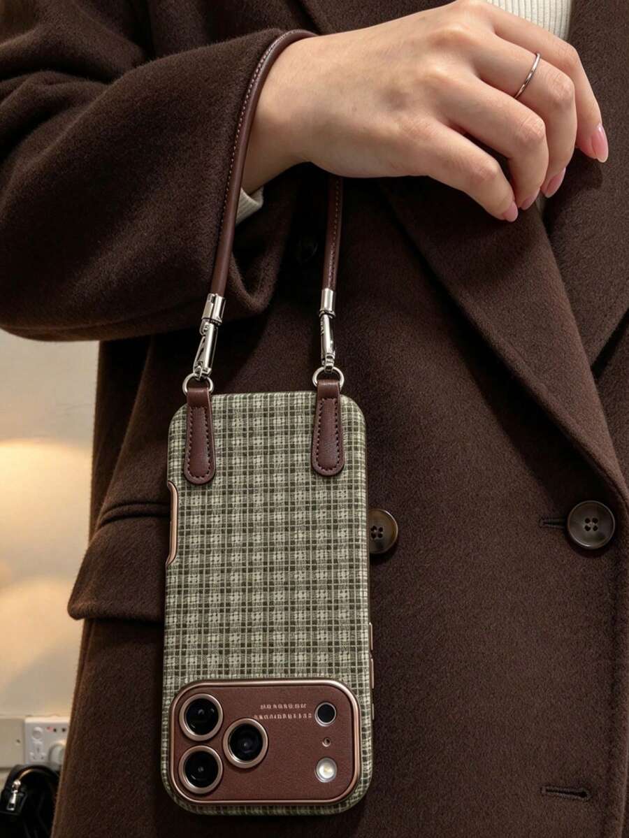 Minimalist Ins College Style Plaid Leather Lanyard Phone Case Compatible With Apple 17 Pro Max, 18 Pro, New 13, 14 Pro, 15 Pro, Full Coverage Leather Anti-Drop Soft Shell For Women - Green - View 1