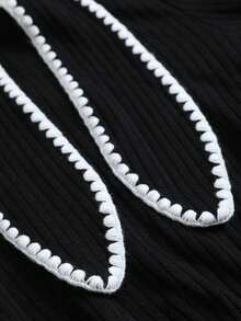 女款貝殼刺繡領結領長袖襯衫，拼色飾邊優雅通勤襯衫，秋冬時尚 - 黑色 - 查看 10