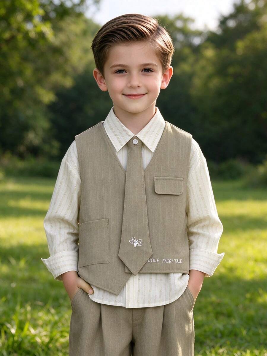 Young Boys 2pcs Set Exquisite Young Boy Formal Wear Vest + Shorts Suit Set Gentleman Outfit Spring Summer Autumn - Khaki - View 1