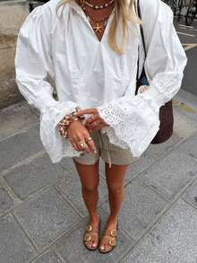 Women's Spring/Autumn Fashion Casual Versatile Solid Color Lace Trim V-Neck Blouse, Suitable For Brunch Outfits - White - View 9