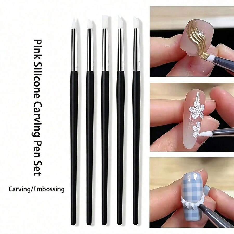 5pcs Nail Art Gel Carving & Printing Silicone Nail Brushes, Soft Reusable Silicone Brush Heads, 5 Different Brush Head Designs, Suitable For Home DIY, Professional Nail Salon And Beginner Nail Artists, Halloween And Christmas Gifts - Multicolor - View 1
