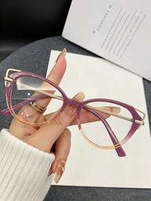 1pc Solid Color Casual Women's Clear Lens Cat Eye Frame Hollow Decor Glasses Y2K Fashion Item Daily Casual Versatile Fashion Item Party Gathering Street Style - Purple and Yellow Frame - View 2