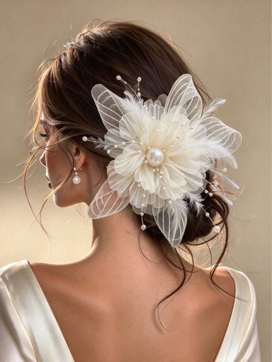 1pc Women's 3D Silk Mesh Flower Pearl Beaded Hair Clip, Faux Feather Bridal Hair Accessory For Wedding And Party - Multicolor - View 1