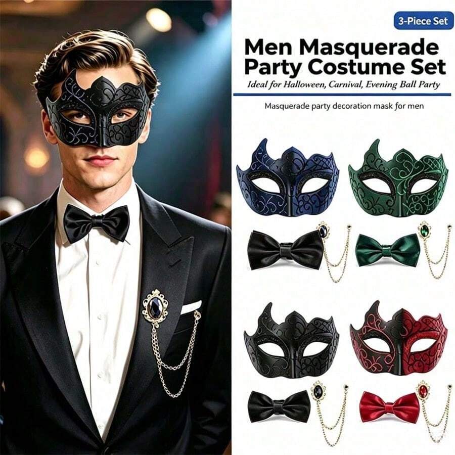 Set Topeng Setengah Wajah Halloween Pria 3 Buah dengan Dasi Kupu-kupu, Topeng Mata Pesta Malam Gaya Gentleman, Perlengkapan Kostum Liburan - MultiWarna - View 1