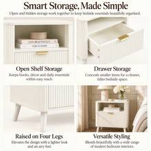 Set Of 2 Bedside Tables, Fluted Bedside Cabinets With Drawer & Open Shelf, Rounded Corner Nightstands With Gold Handles, Raised 4-Leg Solid Wood Base, White - Nightstands+Cream White - View 8