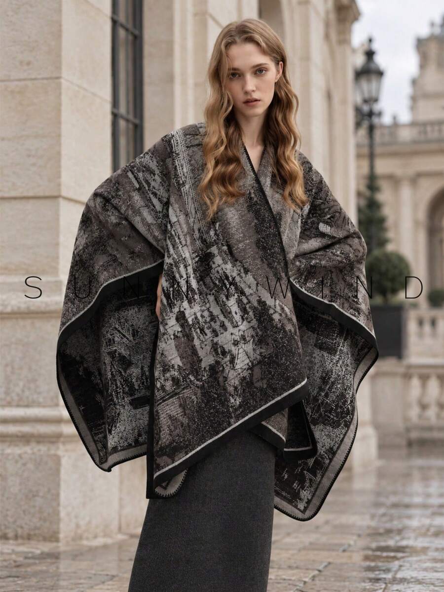 1pc Women's Solid Color Polyester Warm Versatile Elegant Casual Shawl For Daily Use - Black - View 1