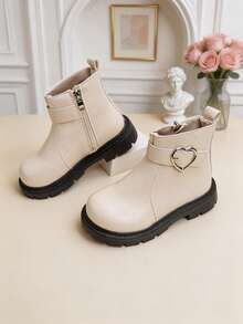 1 Pair Kids Heart Metal Buckle Decor Ankle Boots With Side Zipper Design, Suitable For School Daily Wear, Outdoor Outings, School Commuting, Autumn/Winter - Beige - View 5