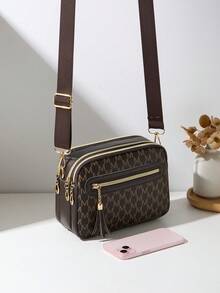 Women's Casual Commuter Crossbody Bag, 4 Zipper Design, Solid Color With Fashionable Letter Pattern, Comfortable Touch, Handheld/Shoulder, Large Capacity, Suitable For Travel, Shopping, Commuting - Coffee - View 3