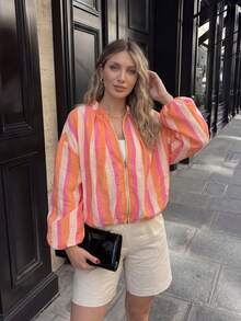 TWFS Women's Autumn Casual Elegant Fashion Striped Loose Short Long Sleeve Bomber Jacket Coat For Travel Vacation Halloween - Multicolor - View 4