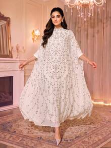 Luxury White Embellished Arabic Style Dress, Stand Collar Design, Elegant Cape Sleeves, Exquisite Sequin Details, Creating A Stunning Look - White - View 1